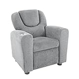 Naomi Home Suri Push Back Kids Recliner Chair with Footrest & Cup Holders, Push Back Toddler Recliner with Cup Holder, Chenille Kids' Recliners for Age 3+, Kid Chair for Girls/Boys - Gray