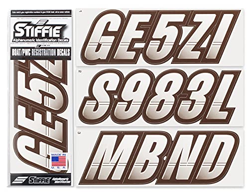 Image of STIFFIE Techtron White /Espresso Brown 3 inch Boat & PWC Registration Decals • Numbers Letters Stickers