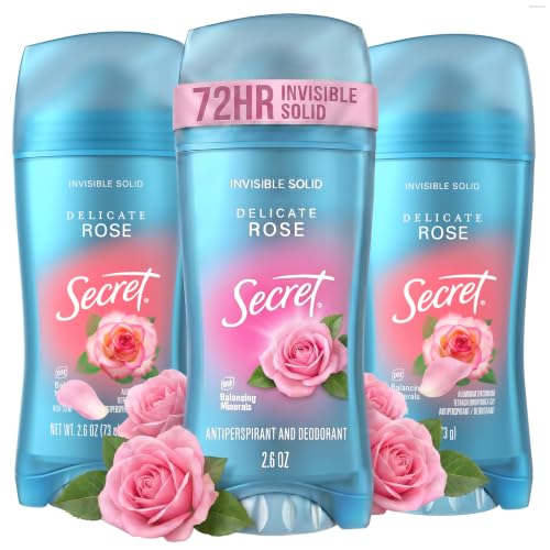Secret Fresh Antiperspirant Deodorant for Women 72hr Breathable Sweat & Odor Protection Instant Freshness & Gentle PH Balancing Minerals Invisible Solid Delicate Rose Scent 2.6 oz (Pack of 3)