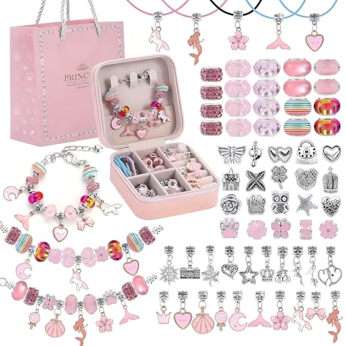 Beauenty Bracelet Making Kit for Girls 68PCs Charm Bracelets Kit with Jewelry Box Jewelry Charms Bracelets for DIY Craft Bracelet Gift for Adults and KidsPresent For 3-12 Year Old Girl (pink)