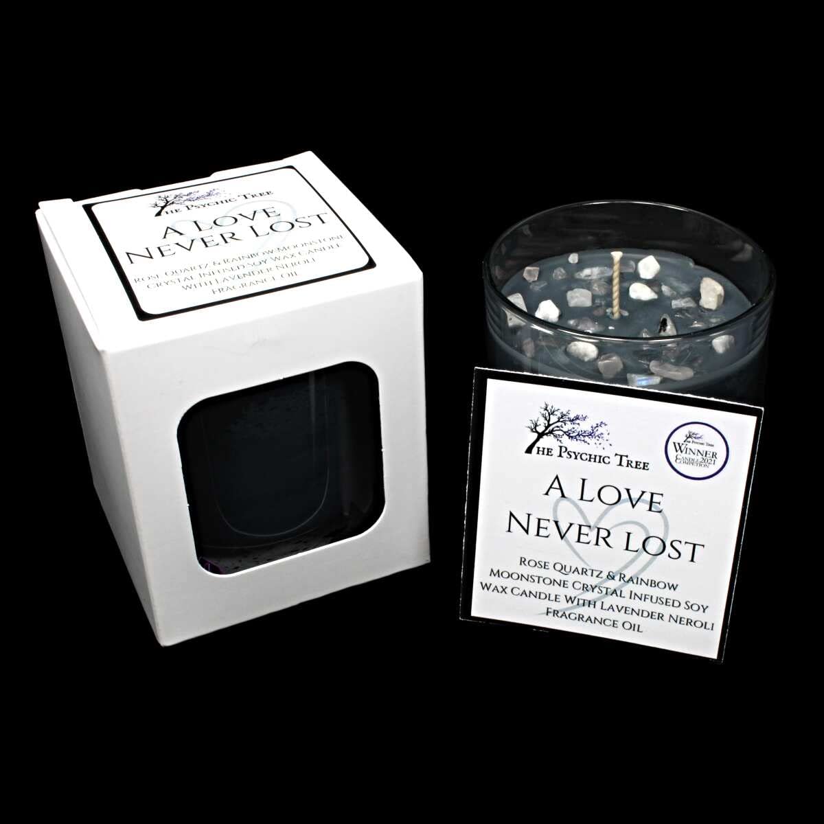 A Love Never Lost - Crystal Infused Scented Candle Infused with Fragrance of Lavender with Rainbow Moonstone and Rose Quartz Healing Crystal Chips.