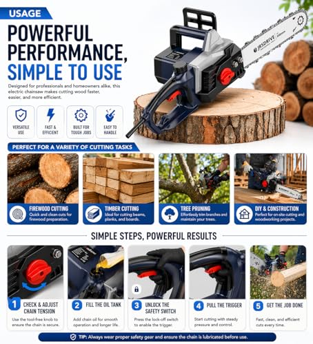 Image of Electric Chainsaw 14 Inch 350mm Guide Bar, 8500 RPM High Power Motor, Tool-Free Chain Tensioning, Safety Lock-Off Switch, Lightweight Wood Cutting Machine for DIY, Gardening & Firewood (ECHS-400N)