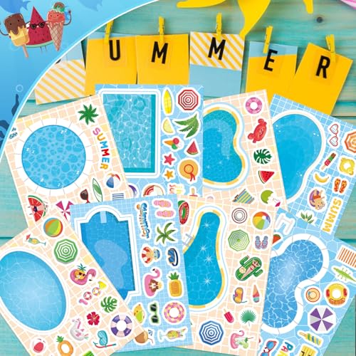 Image of Summer Stickers, Make a Pool Sticker, Make Your Own Stickers for Kids | 24 Sheets Pool Stickers, Mix & Match Craft Kit for Summer Party Favors & Activities