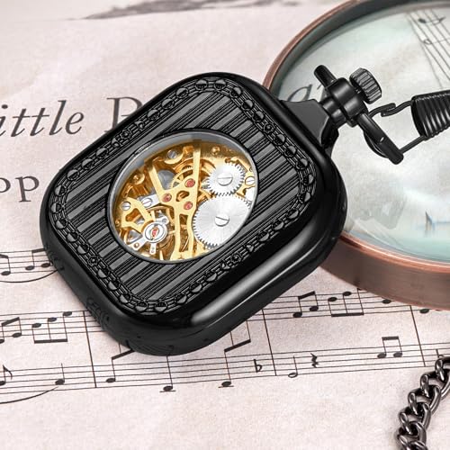 Image of ShoppeWatch Mens Pocket Watch with Chain | Classic Hand Wind Mechanical Movement | Open Face Pocketwatch ad Chain - 1920s Railroad Steampunk Costume Accessory