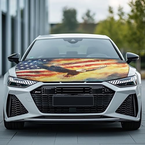 Image of Eagle American Flag Flame Print Car Hood Cover, Stretchable Breathable Automotive Hood Covers Protective Elastic Fabrics Car Hood Decoration and Protection Fit Truck Sedan SUV, 4th of July