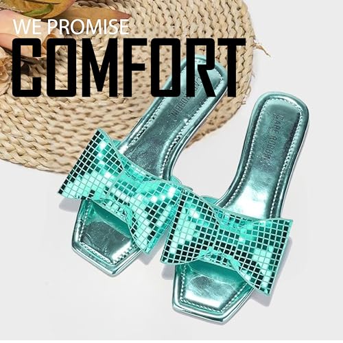 Cape Robbin Women's Slip-On Flat Sandals - Square Toe, Disco Ball Metallic Design with Bow Tie, Summer Dressy Sandals (Botania)4