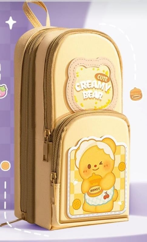 Image of Canvas School Bag Pencil Case, 3 Layer 6 Compartment Large Capacity, Aesthetic Pencil Pouch for Stationary, Cute Stationery for Kids, Pencil Case for Girls & Boys (Creamy Bear Kit)