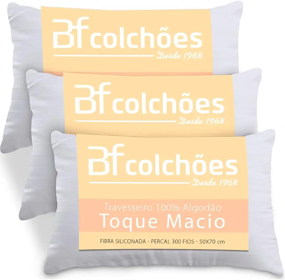 Kit 3 Travesseiros Fibras Toque Pluma de Ganso 100% Algodão Percal 300 Fios Premium Antialérgico 50x70cm - BF Colchões