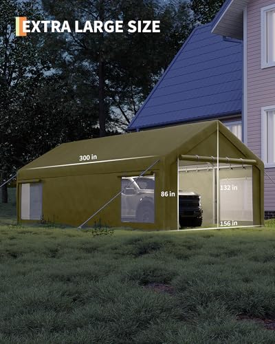 Image of GarveeLife 13x25 ft Carport with 10 Sandbags, Car Port with 220 g PE Tarp, 2 Roll-Up Doors, and 4 Windows, for Full-Size Pickups, Bass Boats, Tractors, and SUVs, Khaki