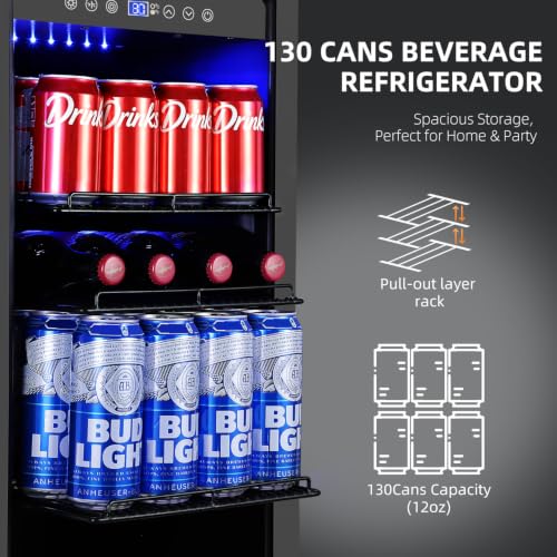 Image of ORYMUS 15 Inch Beverage Refrigerator, 130 Cans Drink Fridge with Glass Door & Lock, Under Counter or Freestanding Beverage Cooler for Soda, Beer & Water, Upgraded Quiet Compressor, Memory Temp, Black