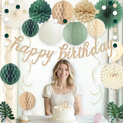 Image of Sage Green Happy Birthday Decorations for Women, Pre-Strung Happy Birthday Banner with Honeycomb Balls, Paper Flowers, Lanterns, Hanging Swirls, Circle Dots Garland for Birthday Party Decor 24pcs