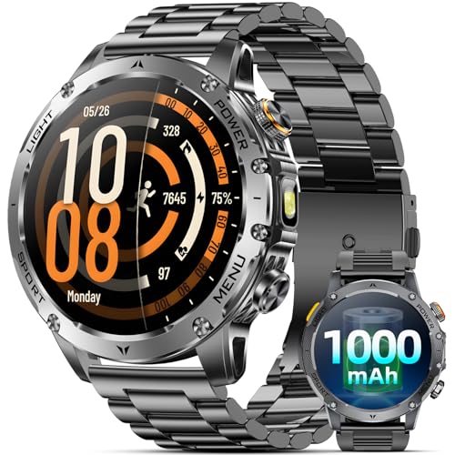 Military Smart Watches for Men, 1.7″ Smart Watch with 1000 mAh Battery, Led Flashlight, Answer/Make Calls, IP68 Waterproof, Heart Rate/Sleep Monitor 100+ Sport Modes Fitness Watch for Android/iPhone