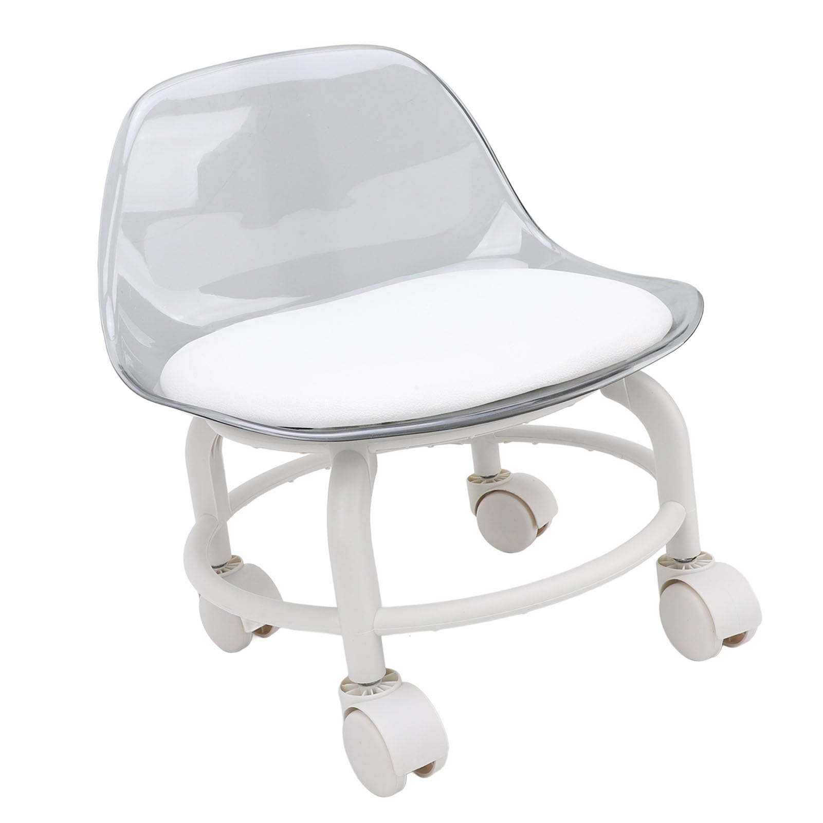 Alomejor Petit Tabouret Roulant Bas en Acrylique avec Support Dorsal et Roues silencieuses. Mini Roulant Flexible pour Salon de Spa (Blanc Transparent)