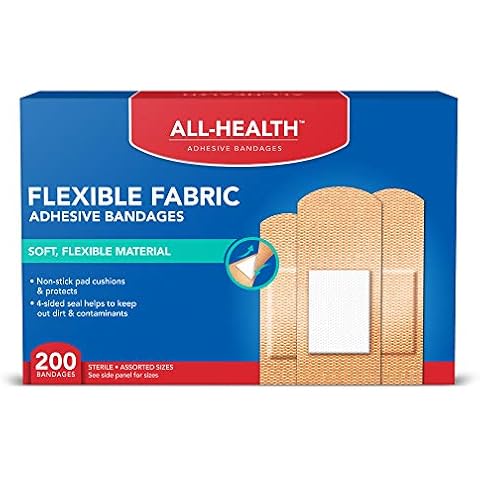 All Health Adhesive Fabric Bandages, 200 Count Assorted Sizes | Soft, Flexible Material | Protection for First Aid and Wound Care Cover