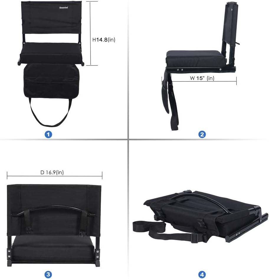 Sheenive Stadium Seats for Bleacher - Wide Padded Cushion Stadium Seats Chairs for Outdoor Bleachers with Leaning Back Support and Shoulder Strap, Perfect for NFL and Baseball Games, 2 Pack, Black : Sports & Outdoors