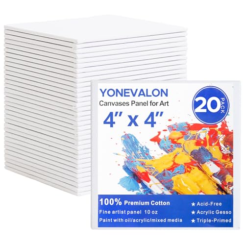 Mini Canvas for Painting 4x4 inch, 20 Pack Small Painting Canvases for Novices & Artists, Gesso Primed Acid-Free 100% Cotton, Blank Canvas Boards Panels for Oil, Watercolor, Acrylic, etc