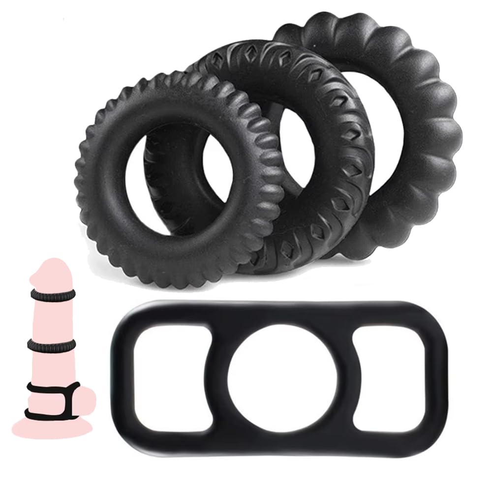 4Pcs Silicone Cock Ring Set with Ball Stretcher Different Size Penis Rings Kit Combination for Erection Enhancing, Male Cock Sleeve Penis Enlargement Stretchy Adult Sex Toys for Men Couples