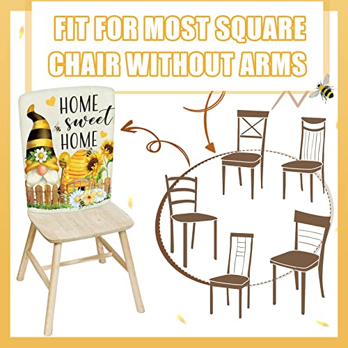 6 Pcs Spring Bee Gnome Chair Cover For Dining Kitchen Easter Farmhouse Yellow Sunflower Chair Back Cover Stretch Removable Chair Slipcover Protector Soft Washable Checkered Linen Seat Cover Home Decor #TOP3