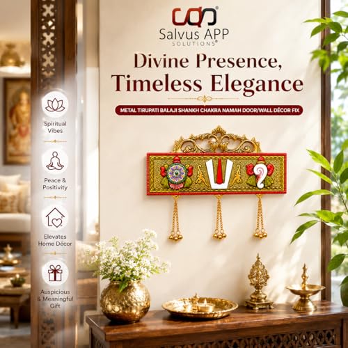 Image of Salvus APP SOLUTIONS Antique Decor: Tirupati Door /Wall Hanging with Shankh Chakra Namah & Metal Latkan - Elegant Home, Room, and Showpiece Figurines for Religious Housewarming Celebration