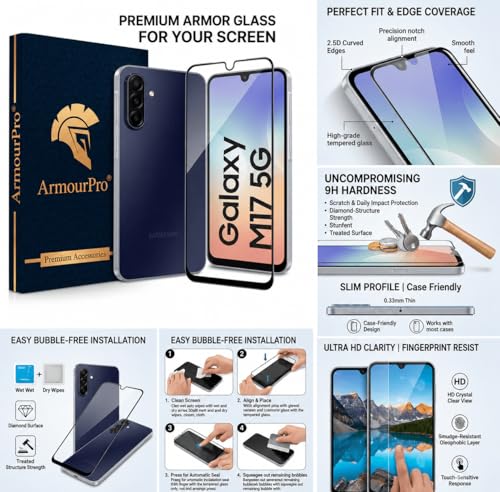 Image of ArmourPro Edge to Edge Tempered Glass for Samsung Galaxy M17 with Black Camera Ring Guard, 9H Screen Protector, Anti-Scratch, Anti-Fingerprint, Bubble-Free Installation Kit