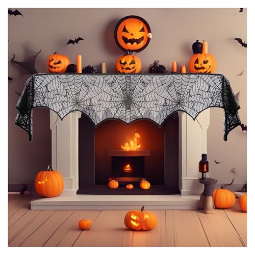 JEKUGOT Halloween Cobweb Fireplace Scarf Cover, 46 x 244 cm Black Lace Spider Net Tablecloth, Cobweb Fireplace Runner Curtain Mantel Decoration for Halloween Party Haunted House Windows