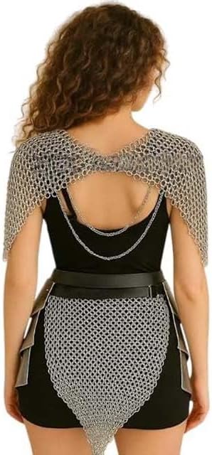 Medieval Chainmail Armor Costume, Silver, Female Fantasy Warrior Corset with Tasset and Chain Top for LARP, Cosplay, Halloween