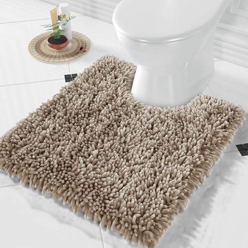 Image of Yimobra Toilet Rugs U Shaped Washable, Extra Thick Soft Absorbent Chenille Contour Bathroom Rugs for Toilet 24x20 Inch, Quick Dry Non Slip Toilet Mat for Bath Floor, Camel