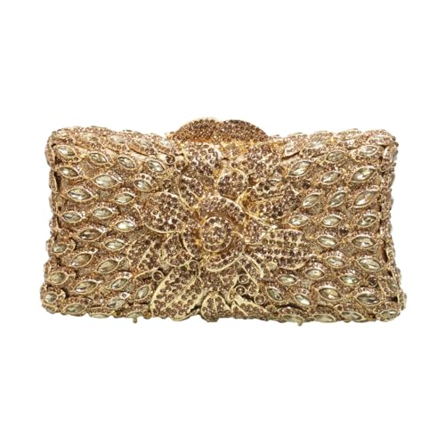 DKQXEIM Women Sparkling Rose Crystal Evening Clutch Floral Rhinestone Wedding Purse Chic Flower Handbag for Prom Dating Gold