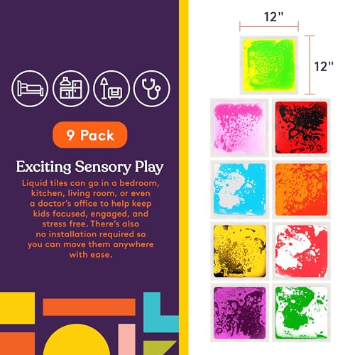Special Supplies Square Floor Liquid Tiles for Kids, Set of 9, Colorful Early Learning Sensory Activity Mats for Toddlers and Children, Anti-Slip Backing for Active Play, Dance, and Games