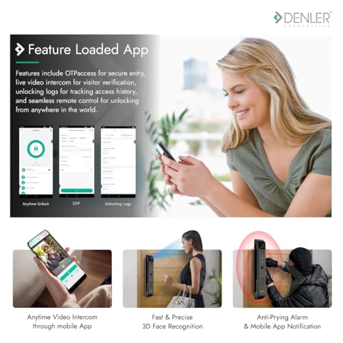 Image of Denler F6 7-in-1 Smart Door Lock | Inbuilt Wi-Fi | Anroid & iPhone app Support | Fingerprint | RFID Card | PIN | Key | Rechargeable Battery | 5 Years Warranty for 35 to 100mm Doors