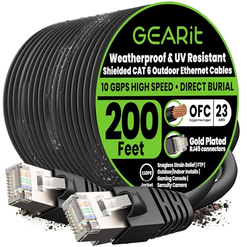 Image of GEARit Cat6 Outdoor Ethernet Cable (200ft) 23AWG Pure Copper, FTP, LLDPE, Waterproof, Direct Burial, In-Ground, UV Resistant, POE, Network, LAN, Internet, Cat 6, Cat6 Cable - 200 Feet