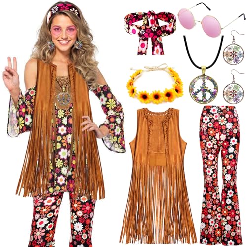 YADODO 60er 70er Jahre Hippie Kostüm Damen Set mit Fransenweste Schlaghose Accessoires Hippie Kleidung Damen Kostüm 70er Jahre Bekleidung Frauen Disco Outfit Cowgirl Western Faschingskostüm (S)