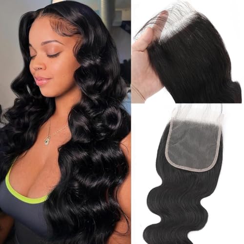 5x5 Transparent HD Lace Closure Body Wave Human Hair Closure Invisible 12A Brazilian Virgin Human Hair Free Part 5x5 100% Real Human Hair Pre Plucked Closure Natural Black 16 Inch