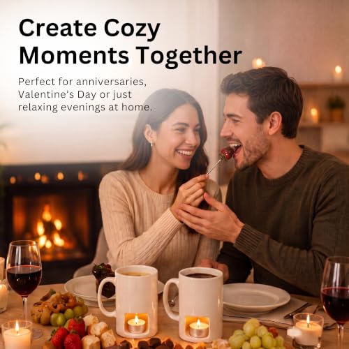 Image of Evelots 4-Pack Ceramic Fondue Cheese Mugs, 8 Forks & 16 Candles, White | Perfect for date nights, parties and Mother's Day gifts; includes 4 ceramic fondue mugs, 8 forks and 16 tealight candles.