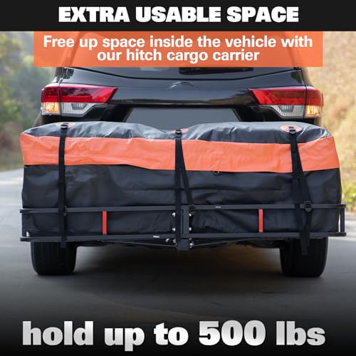 WEIZE Folding Hitch Mount Cargo Carrier 60" x 20" x 6", 500 lbs Capacity Hitch Cargo Rack with Waterproof Bag, Hitch Stabilizer,Net and Straps for SUV Pickup Camping Traveling