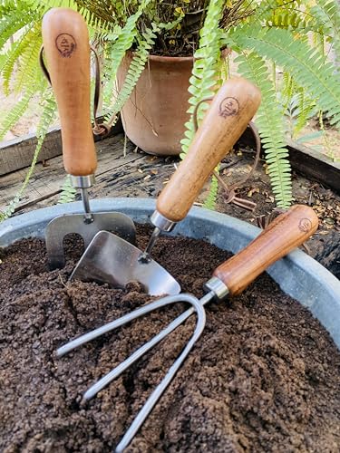 Yellow Brick Farm 3Pcs Gardening Tool Set (Trowel + Fork + Rake) with Wooden Handles and Stainless-Steel Head