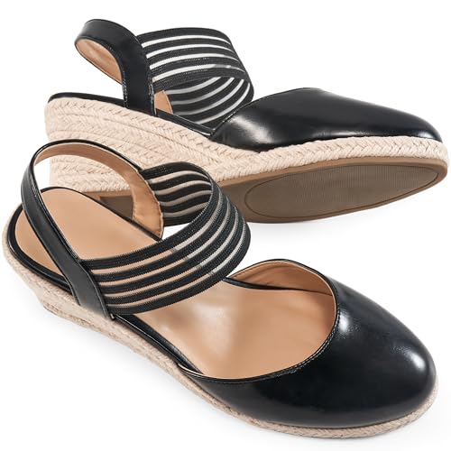 Aomigoct Wedge Sandals Dressy Women: Black 8 Comfortable Elastic Strap Espadrille Wedges - Ladies Beach Casual Shoes