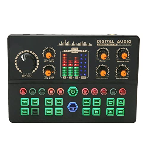 FAUOSWUK Mini Tablero Mezclador de Sonido, Cambiador de Voz de Tarjeta de Sonido en Vivo con Perilla Grande, Ajuste de Atenuador, Luces Deslumbrantes BT para Dispositivo Tipo C de (Negro)