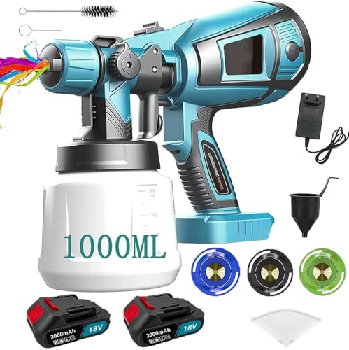 Akku Spritzpistole,Ersatz für Makita,Kabellos HVLP Lackierpistole Akku,Farbsprühsystem mit 3 Düsen,3 Spritzmuster,1000ml Farbsprühgerät,für Innen und Außenbereich(2x3000mAh Akku)