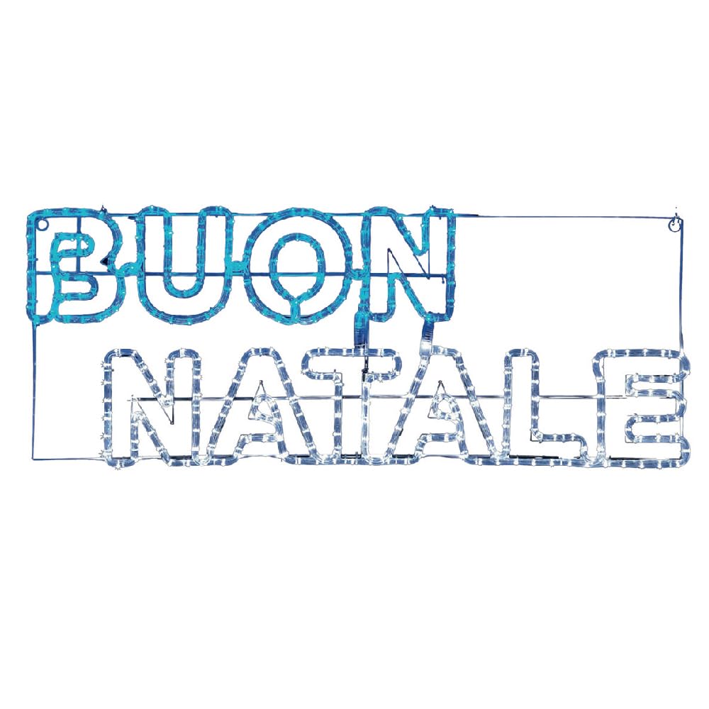 Insegna Luminosa - 324 LED, Neon, Scritta “Buon Natale”, Colore Bianco Ghiaccio, Blu, Cavo da 1,4 mt - Uso Interno/Esterno