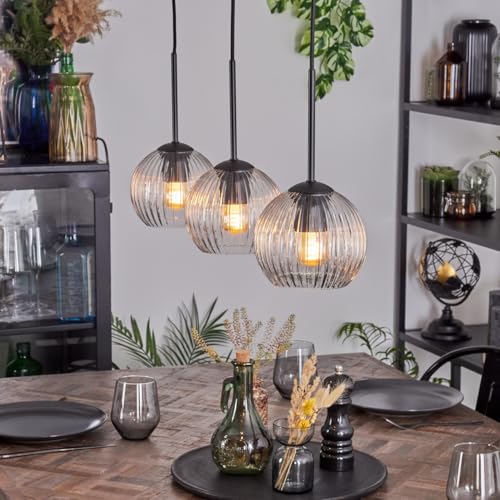 HOFSTEIN Lampadario a sospensione Koyoto a 3 luci in metallo/vetro scanalato in nero/trasparente, moderno lampadario dal design retrò/vintage (ombrelli Ø 15 cm), E27, sala da pranzo, soggiorno, cucina