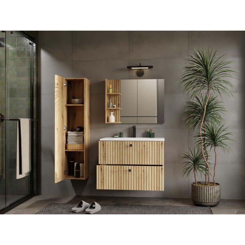 Meuble sous-lavabo suspendu CDF avec 2 tiroirs, meubles de salle de bain avec façades à lamelles et poignées – Rangement pour accessoires de bain, cosmétiques, serviettes – Design moderne Tigo 802S
