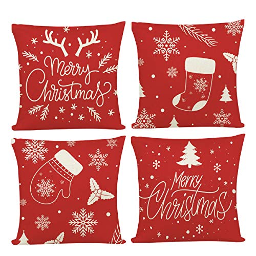 Joyshare - Juego de 4 fundas de almohada navideñas de lino y algodón, diseño de copo de nieve y árbol, funda de cojín de lino y algodón