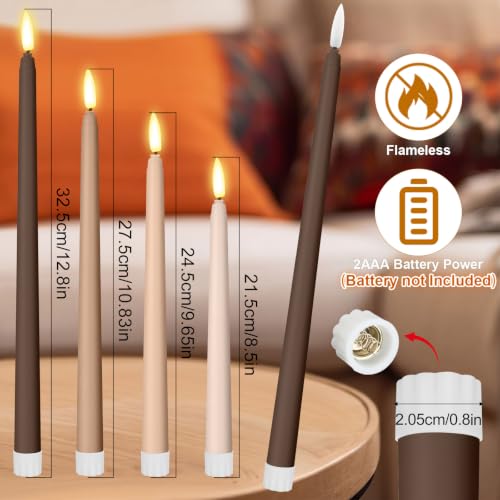 Image of Rossesay 24 Pcs Flameless LED Taper Candles Battery Operated Candle 8.5 inch, 9.65 inch, 10.8 inch, 12.8 inch Flameless Candlesticks Flickering for Christmas Church Wedding Indoor Decoration(Classic, Brown)