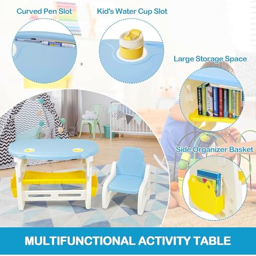 Image of Kids Study Table with Chair Height Adjustable 5 to 10 Years Boys Girls Student Study Desk Chair Combo Children for Home Reading Writing with Table Pen and Book Holder (Blue)