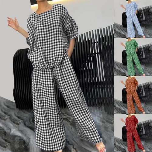 HGps8w Cotton Linen Two Piece Outfits for Women Minimalist Plaid Puff Sleeve Tops & Wide Leg Pants Baggy Beach Vacation Sets2