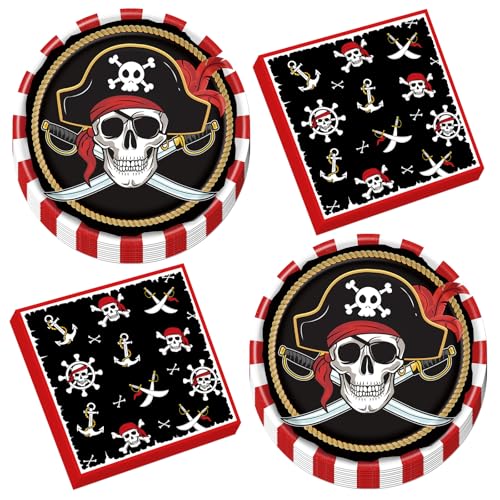 Yoyuspy Pirate Tableware Party Decorations - 50 Pcs Pirate Plates Napkins Birthday Tableware Set Supplies Disposable Ship Bone Party Dinnerware Decor for Adult Teen Birthday Decor Serves 25