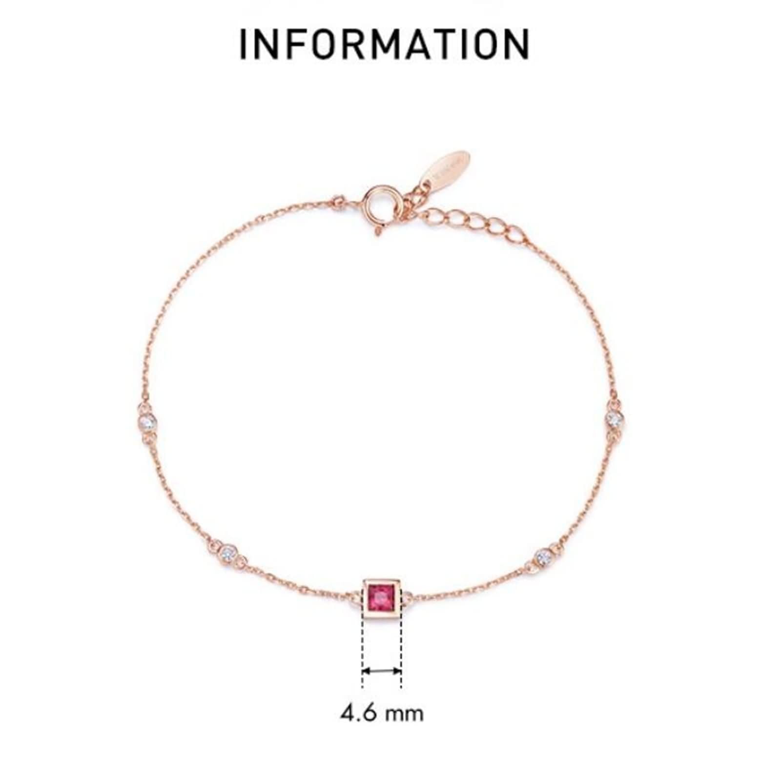 Pulseras de Oro Rosa 9K / 14K / 18K Mujer, Cuadrado con Rubí y Diamante, Cadena Extensible 16 CM + 5 CM, Pulseras Oro Rosa Ajustable Mujer