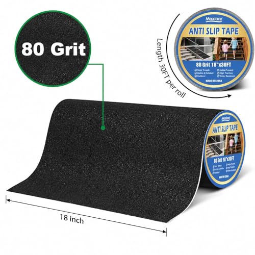Image of Anti Slip Tape, 18 Inch x 30FT Wide Grip Tape, 80 Grit High Traction Non Skid Tape for Stairs, Ramps, Walkways, Outdoor Steps, Entryways, Black Abrasive Traction Tape