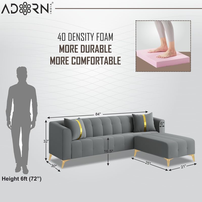 Image of Adorn India Premium Mystic - 3 Years Warranty - L Shape 5 Seater Sofa Set Velvet Suede Fabric - Grey